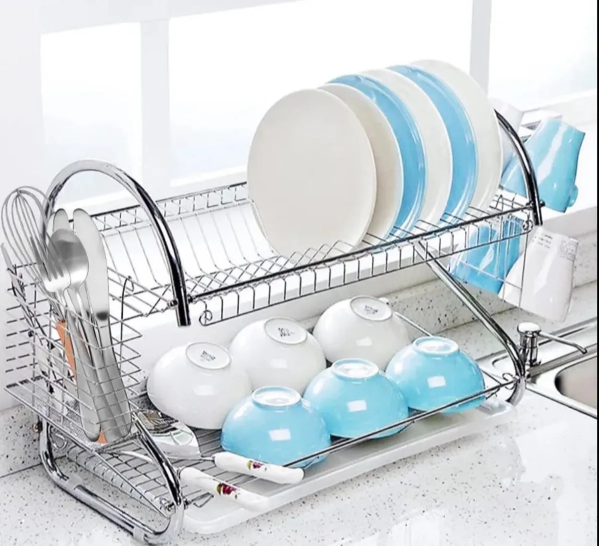 2 Tier Dish Drainer Rack Holder With Drip Tray NEW - Image 1