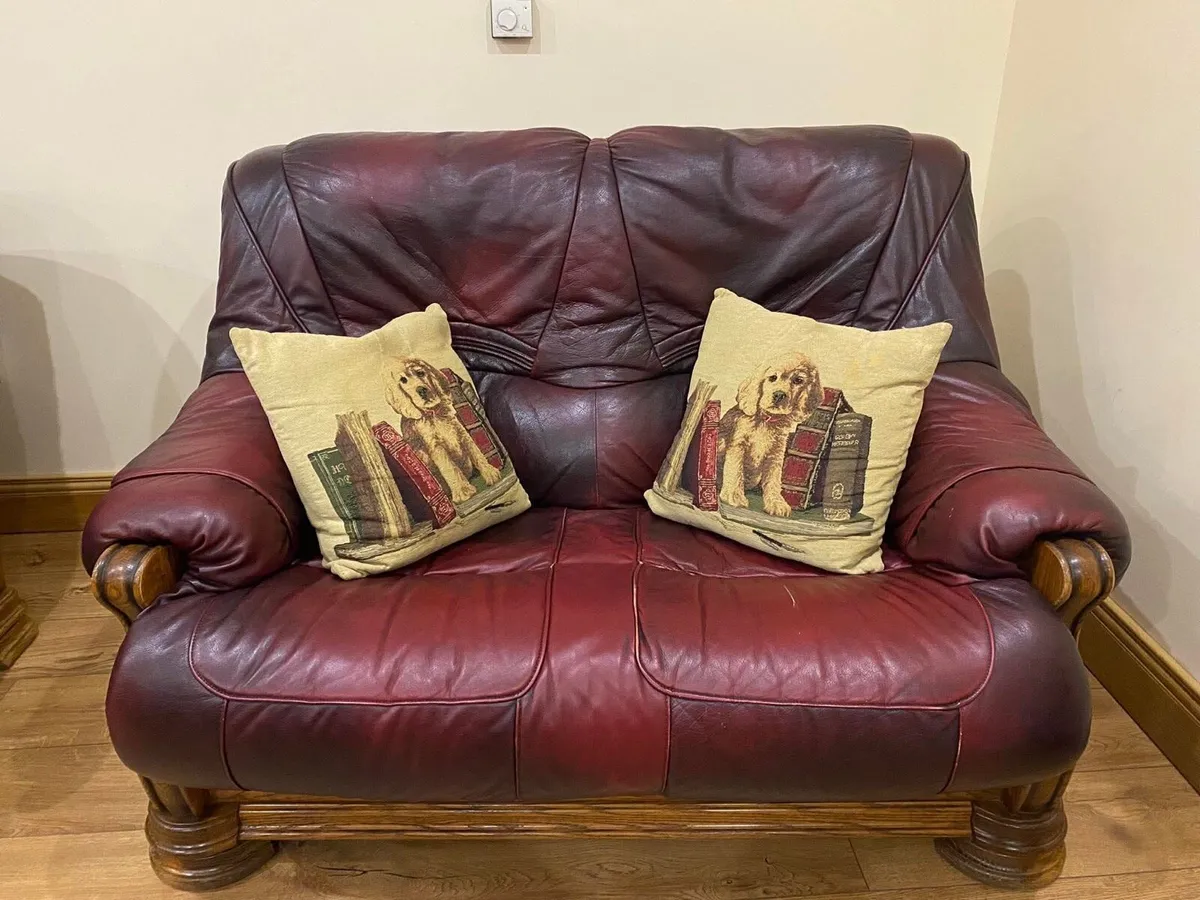 Leather 3 seater and 2 seater along with footstool - Image 2