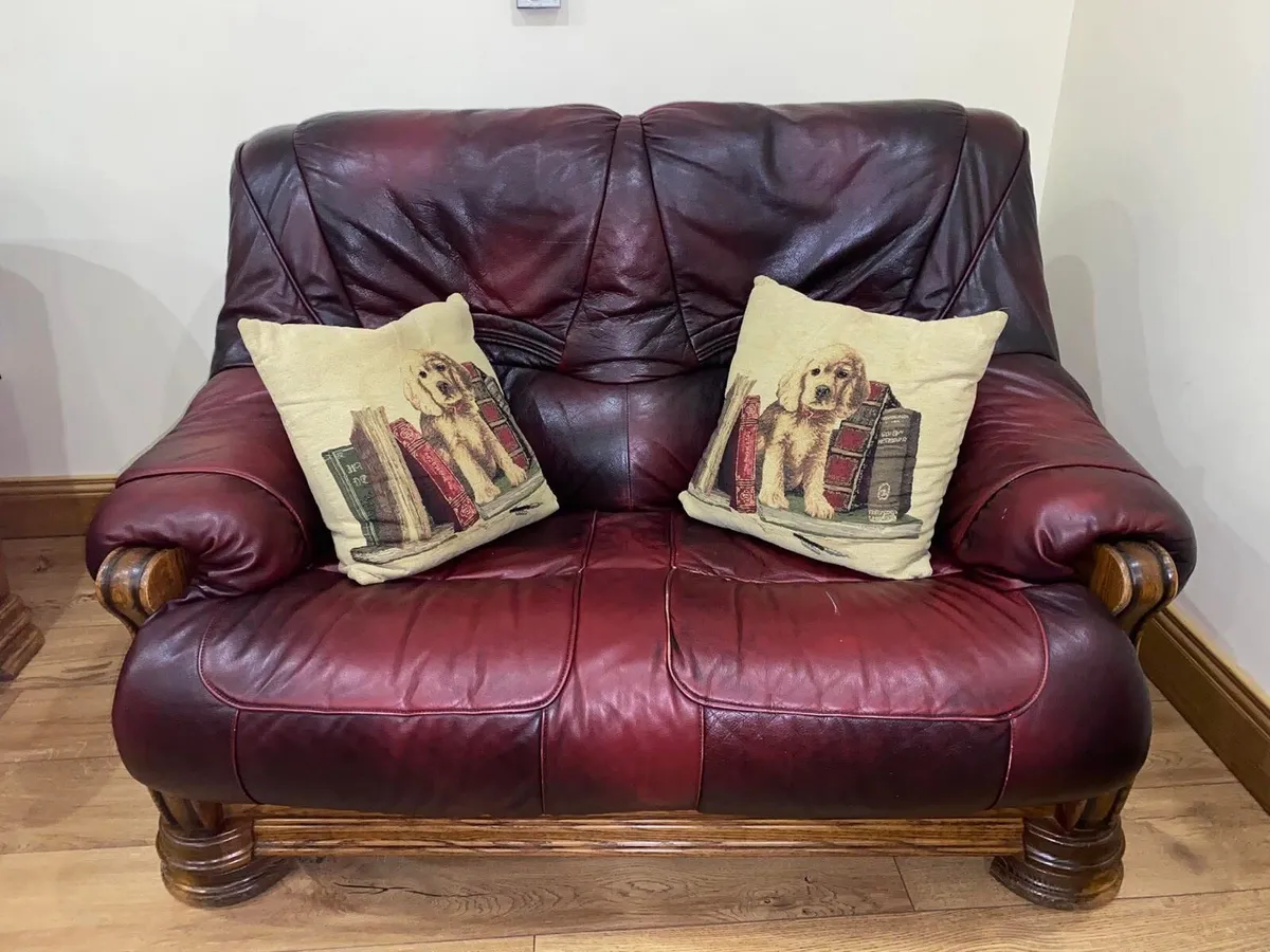Leather 3 seater and 2 seater along with footstool - Image 3