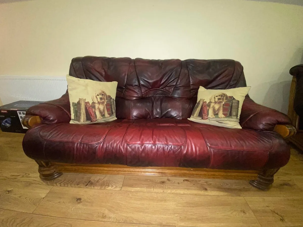 Leather 3 seater and 2 seater along with footstool - Image 4