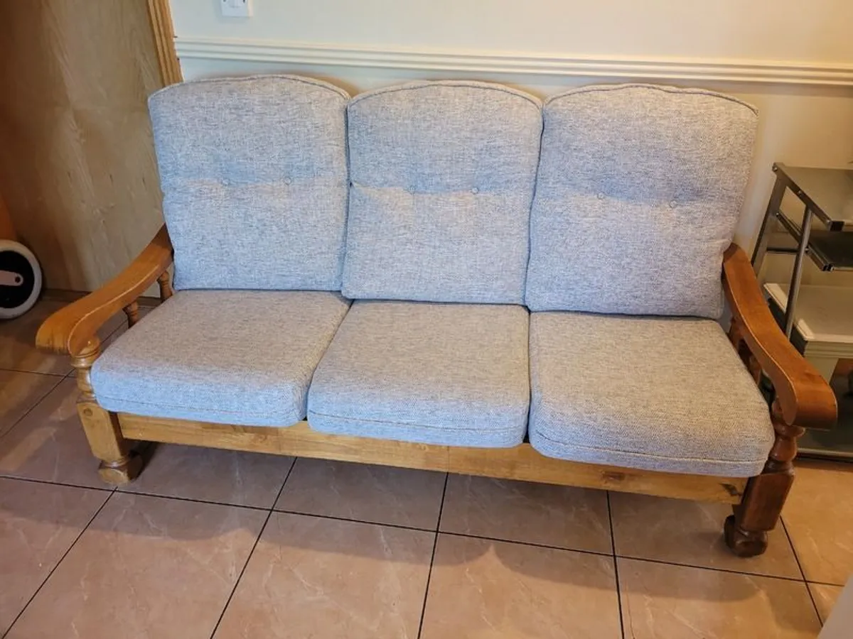 Wooden 3 seater sofa - newly upholstered, barely used - Image 1