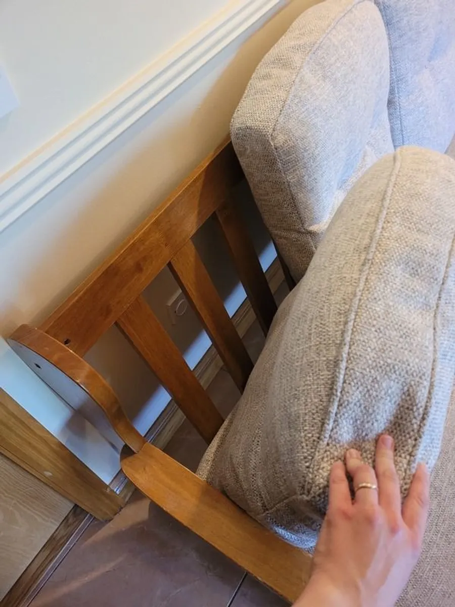 Wooden 3 seater sofa - newly upholstered, barely used - Image 3