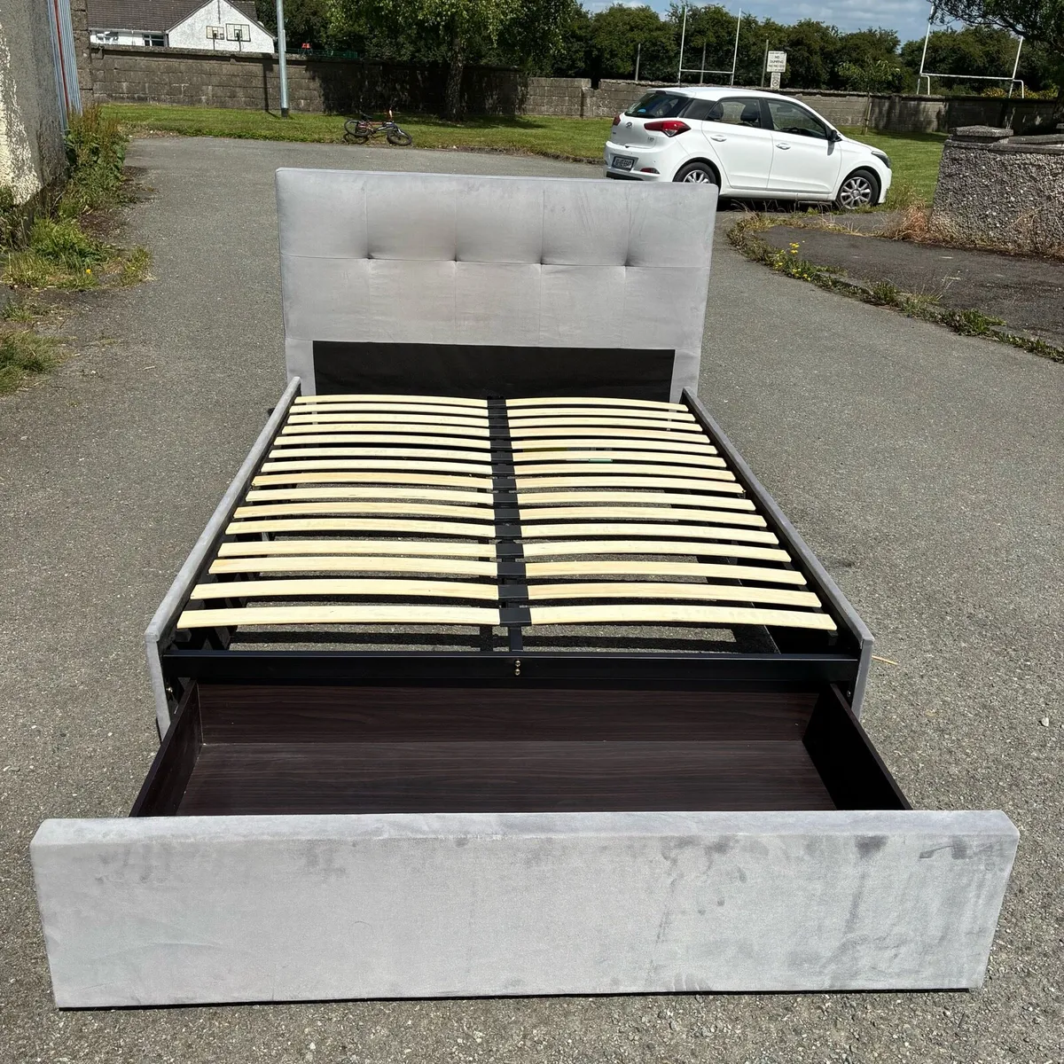 Grey Double Bed Frame with Drawer & Mattress - Image 1