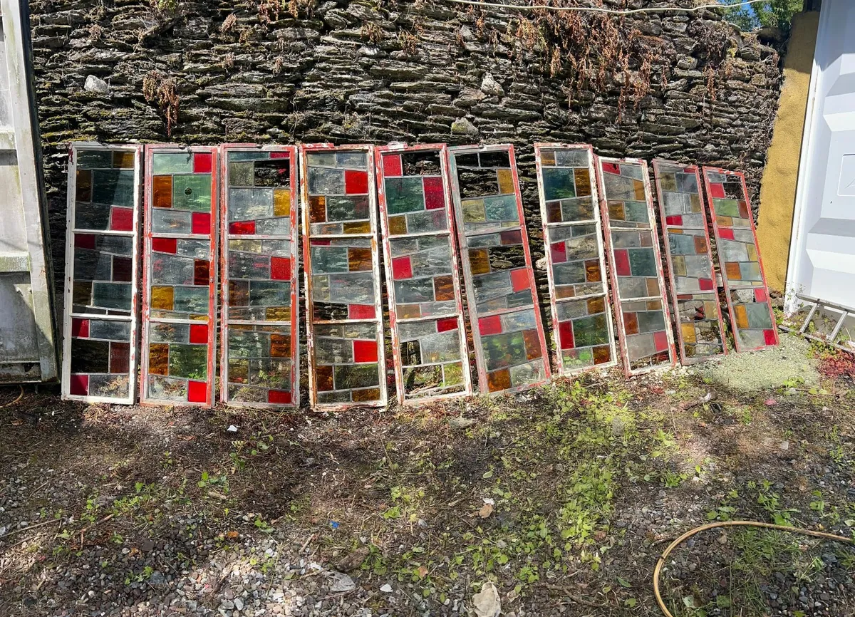 Vintage Stained Lead Glass Iron Window Panels x 10 - Image 1