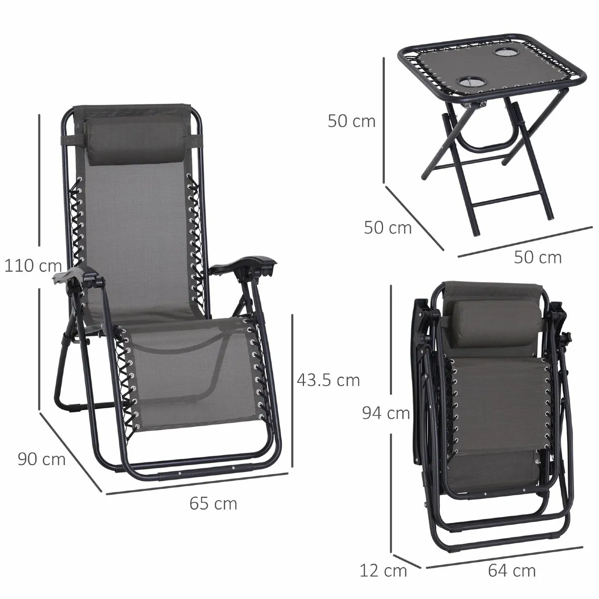 3pcs Sun Lounger Chairs with Table, Folding - Image 2