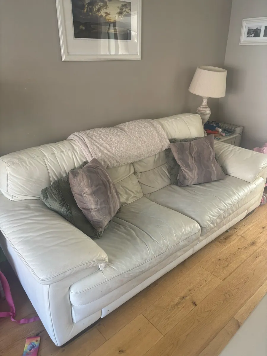 2 and 3 seater white leather sofa - Image 3