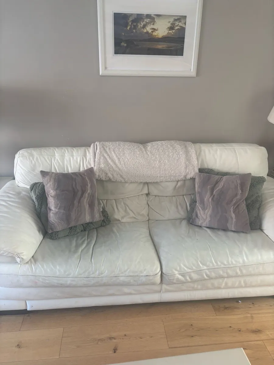 2 and 3 seater white leather sofa - Image 4