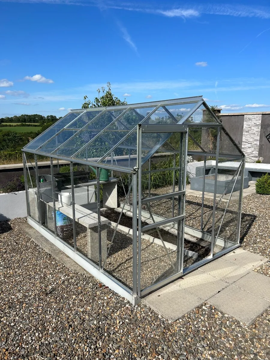 Glass greenhouse for sale with interior shelving - Image 3