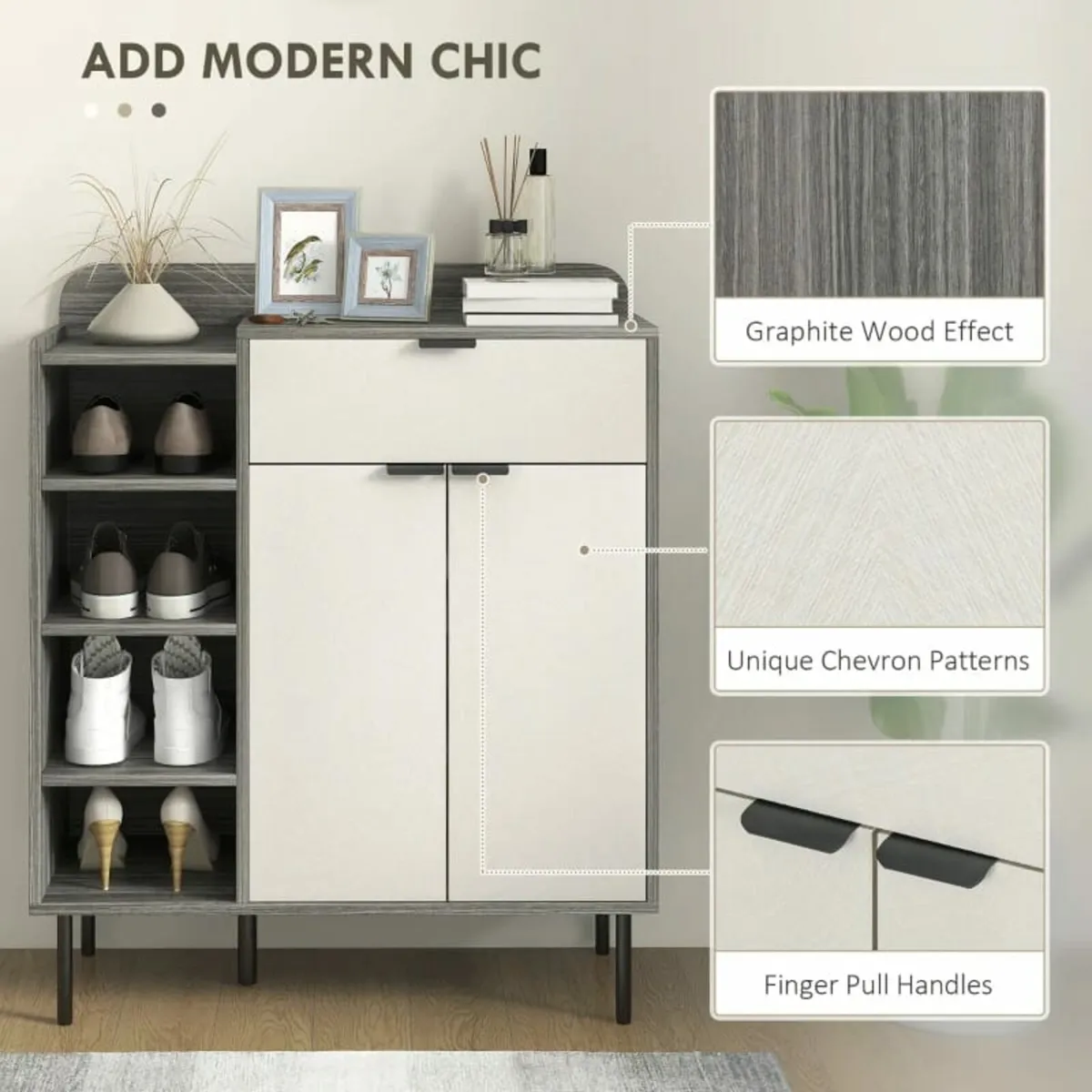 Modern and Minimal 12 Shoe Storage Cabinet - Grey/ - Image 2