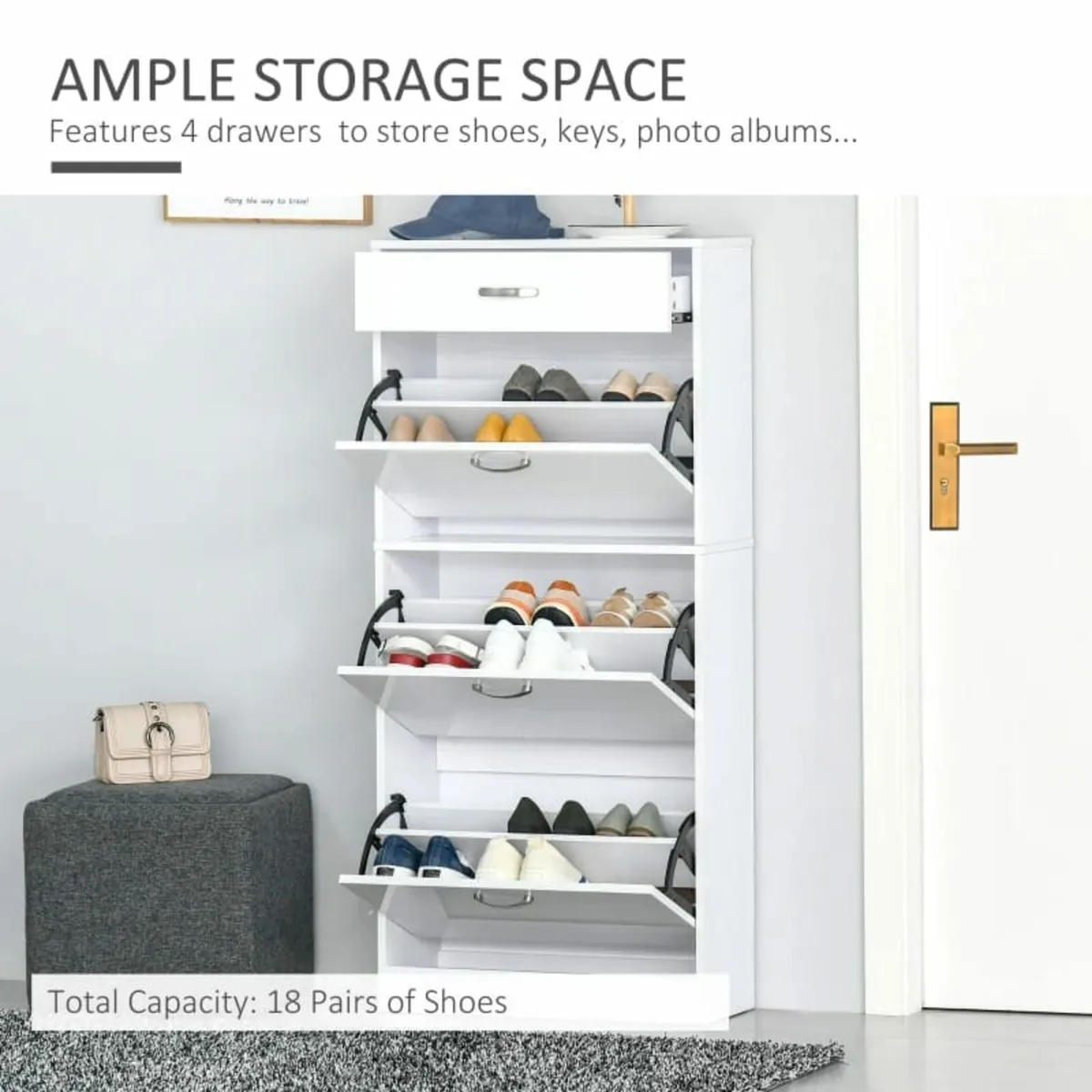 Shoe Cabinet with 3 Flip Drawers, High Gloss Shoe - Image 4