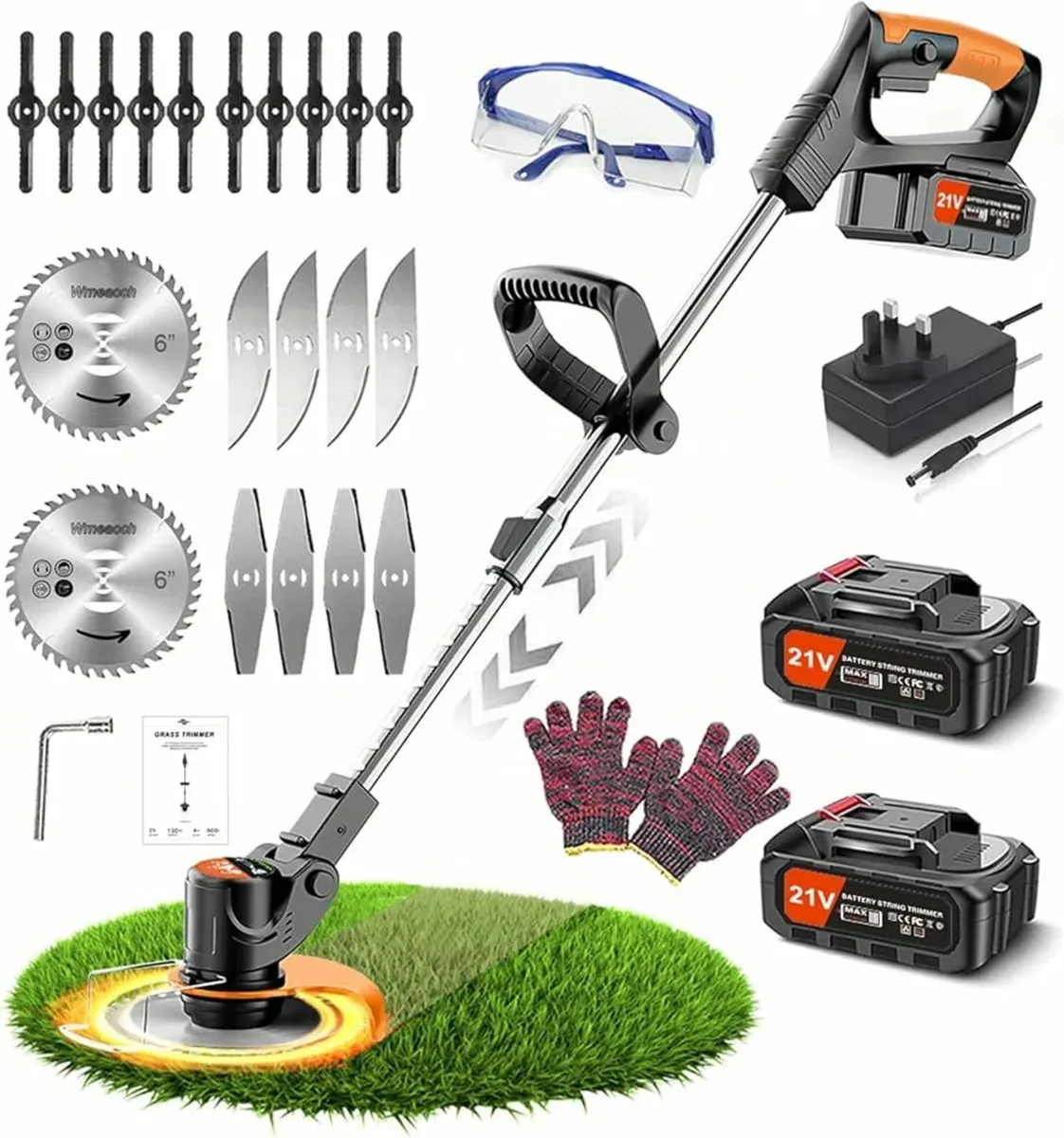 Metal Blade Strimmer 21V Cordless Grass Trimmer, C - Image 1