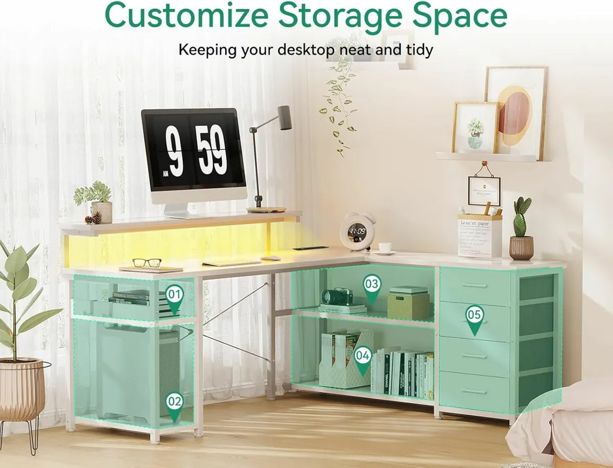 Drawers L Shaped Gaming Desk 135×110 cm, White - Image 4