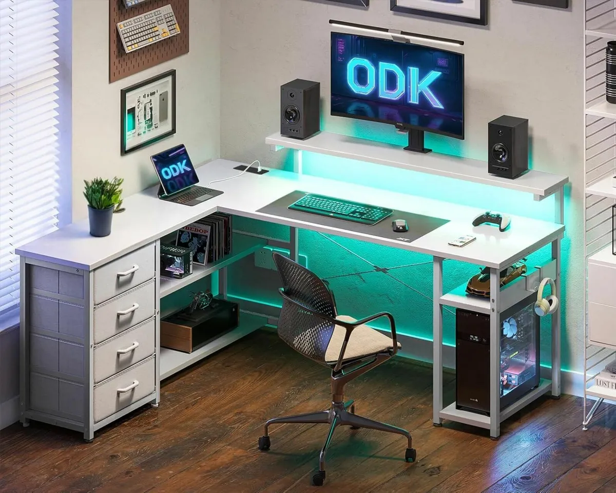 Drawers L Shaped Gaming Desk 135×110 cm, White - Image 2