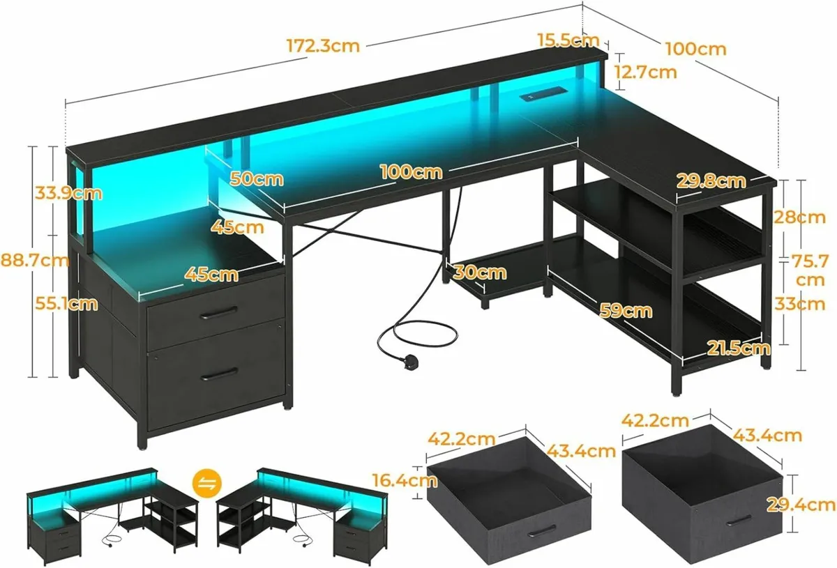 L Shaped Gaming Officce Desk LED Lights 172×100 cm - Image 2