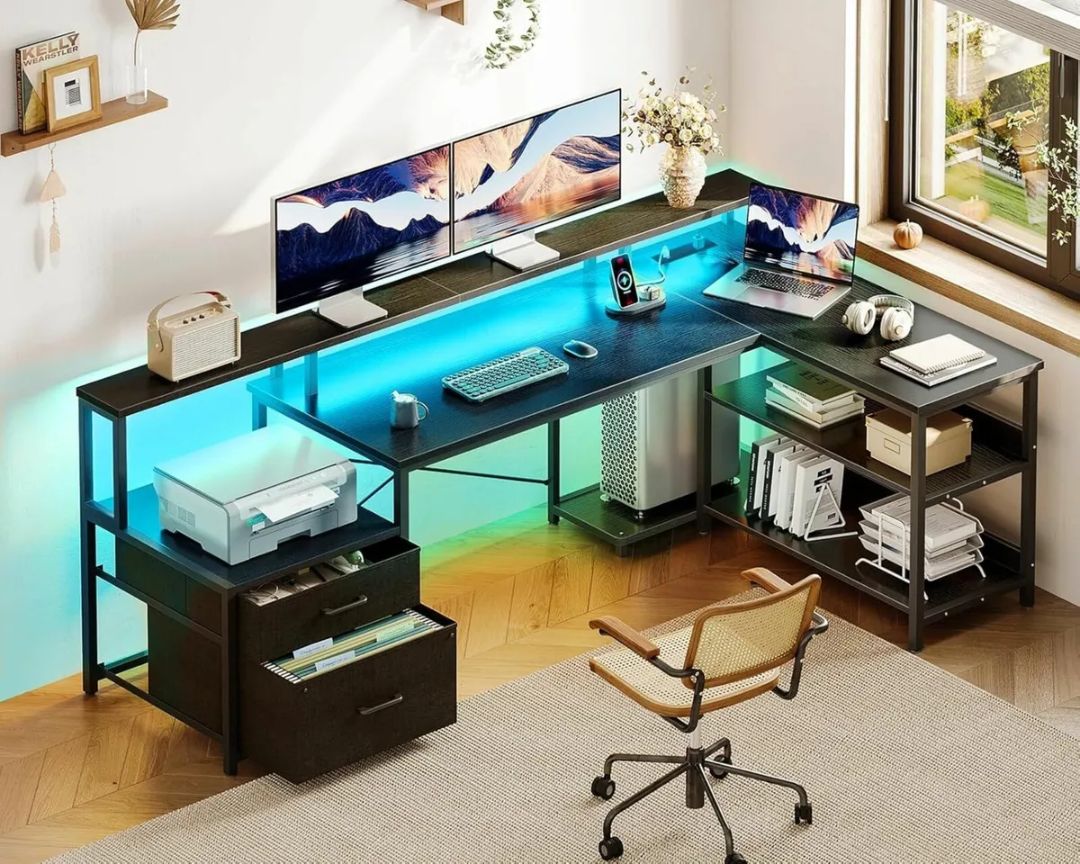 L Shaped Gaming Officce Desk LED Lights 172×100 cm - Image 1