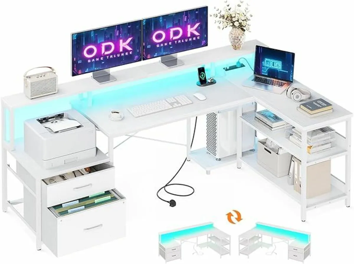 Corner Gaming Desk 172×100 cm Storages, White - Image 2