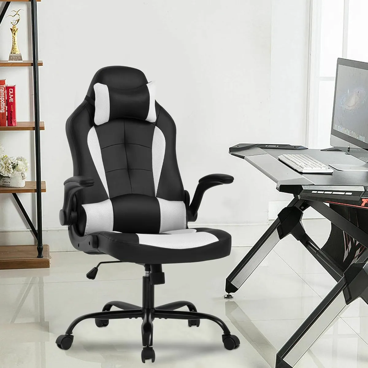 Gaming Ergonomic Office Chair Desk White Black - Image 4