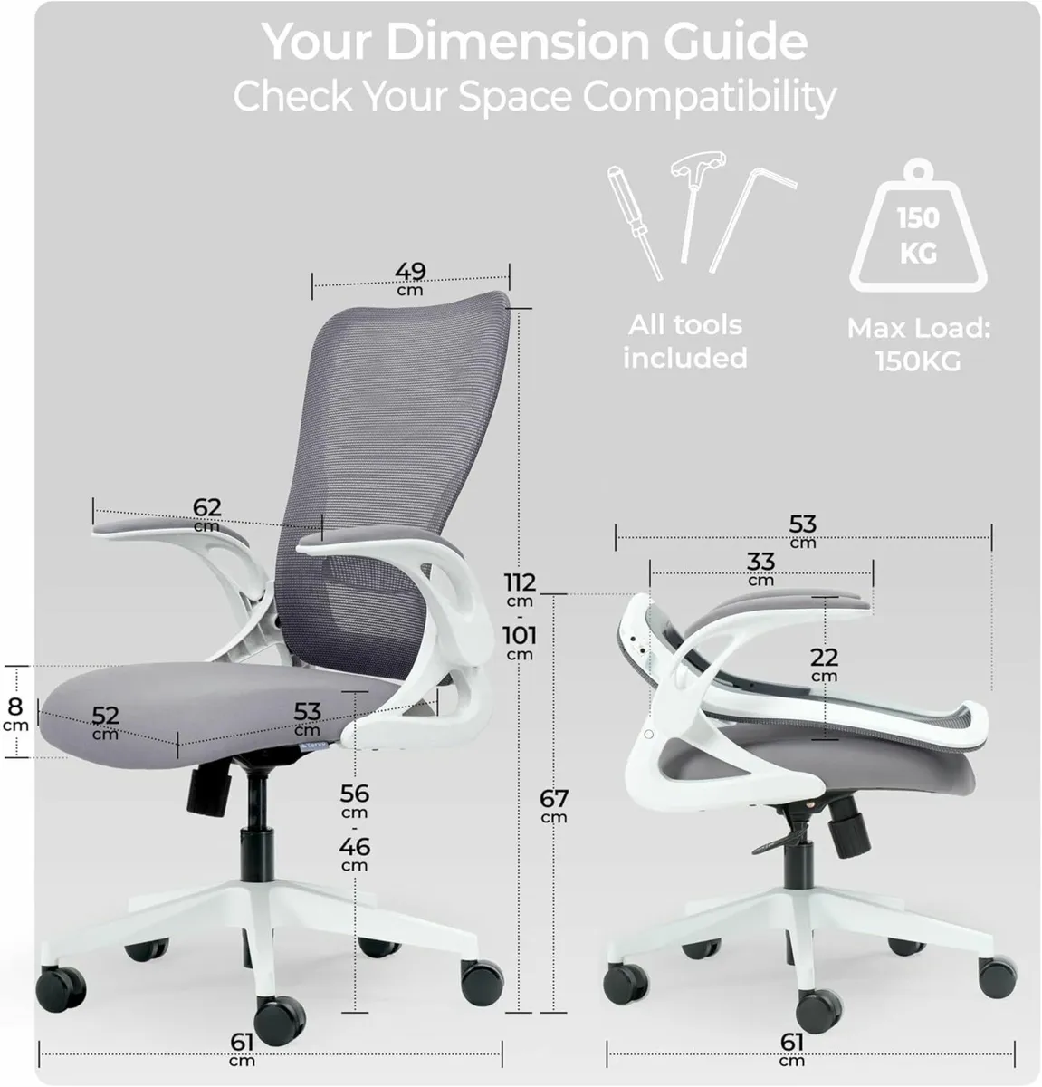Folding Office Chair Ergonomic Design Desk Grey - Image 3
