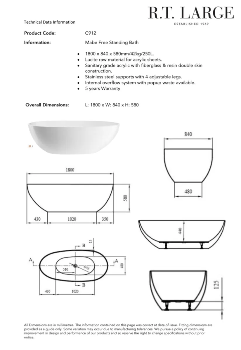 Mabe Freestanding Bath 1800 - Image 2