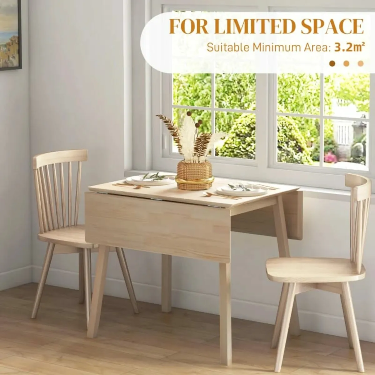 Wooden Four-Seater Drop Leaf Table - Natural Finis - Image 3