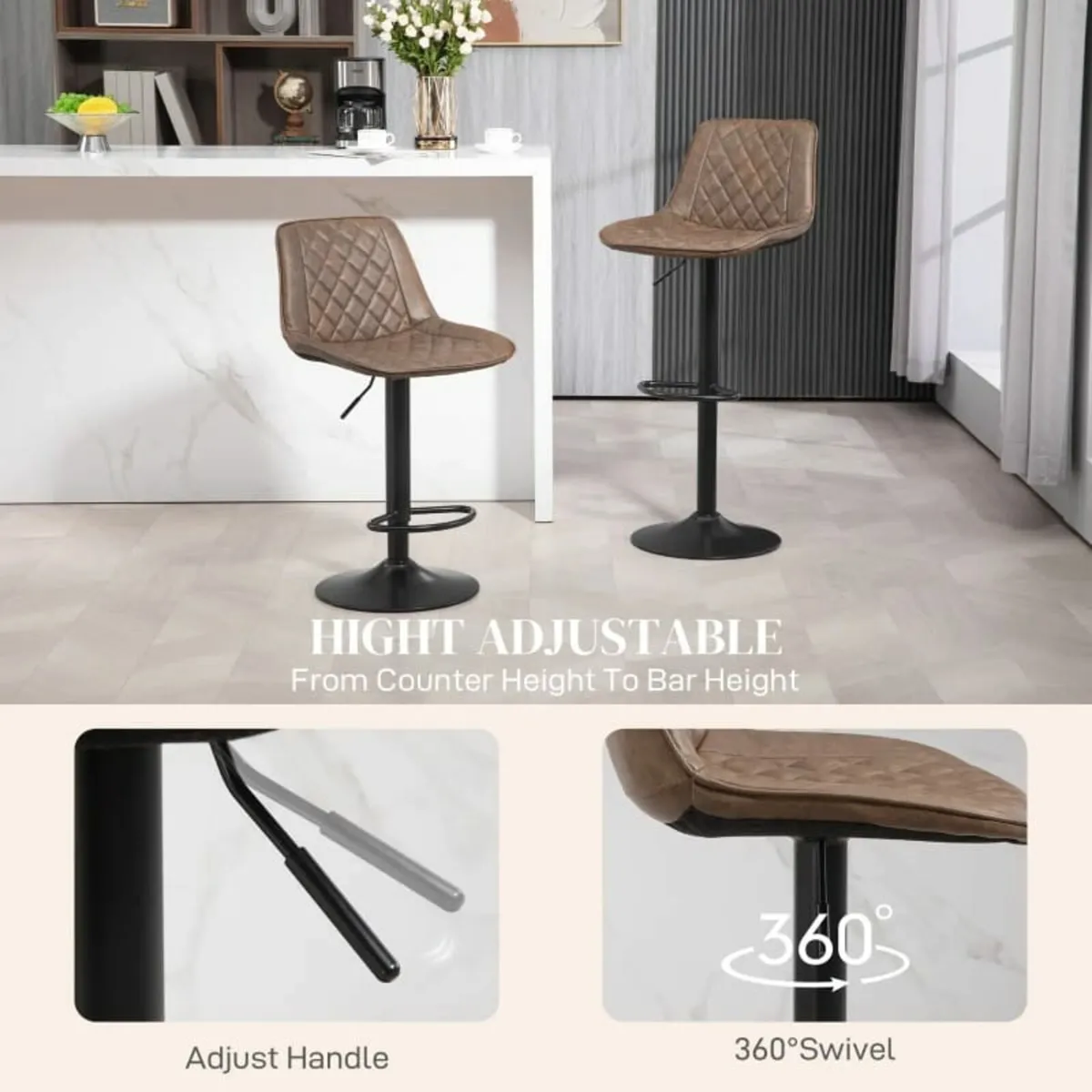 Bar Stools Set of 2, Retro Adjustable Kitchen Stoo - Image 4
