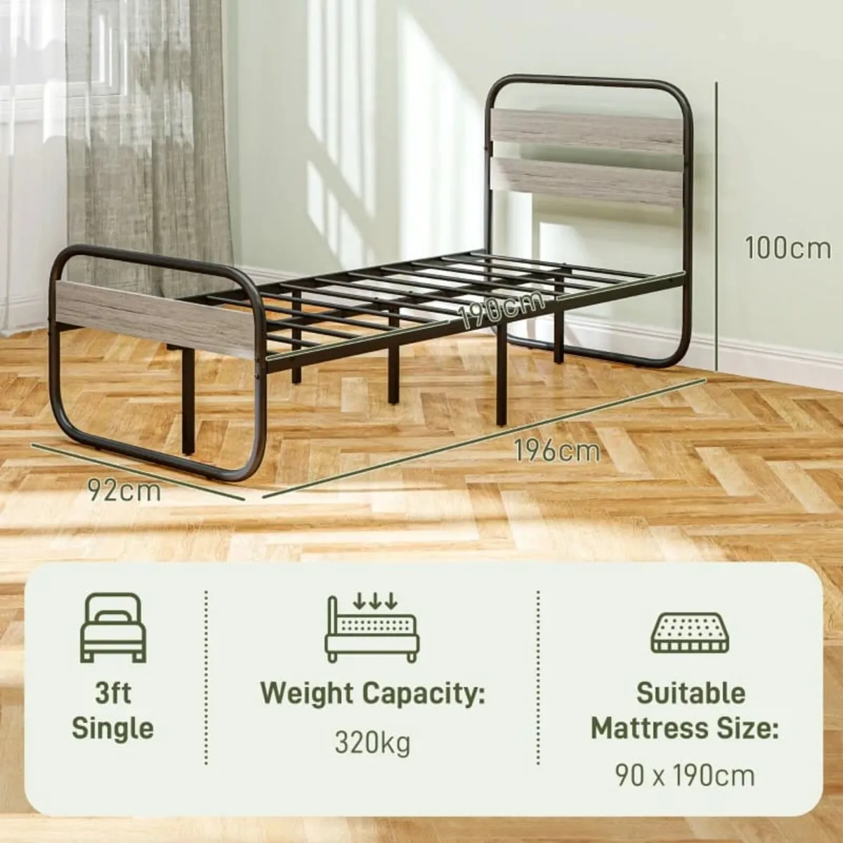 3ft Single Bed Frame, Industrial Style Metal Platf - Image 2