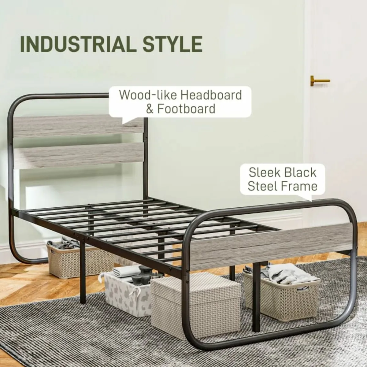 3ft Single Bed Frame, Industrial Style Metal Platf - Image 4