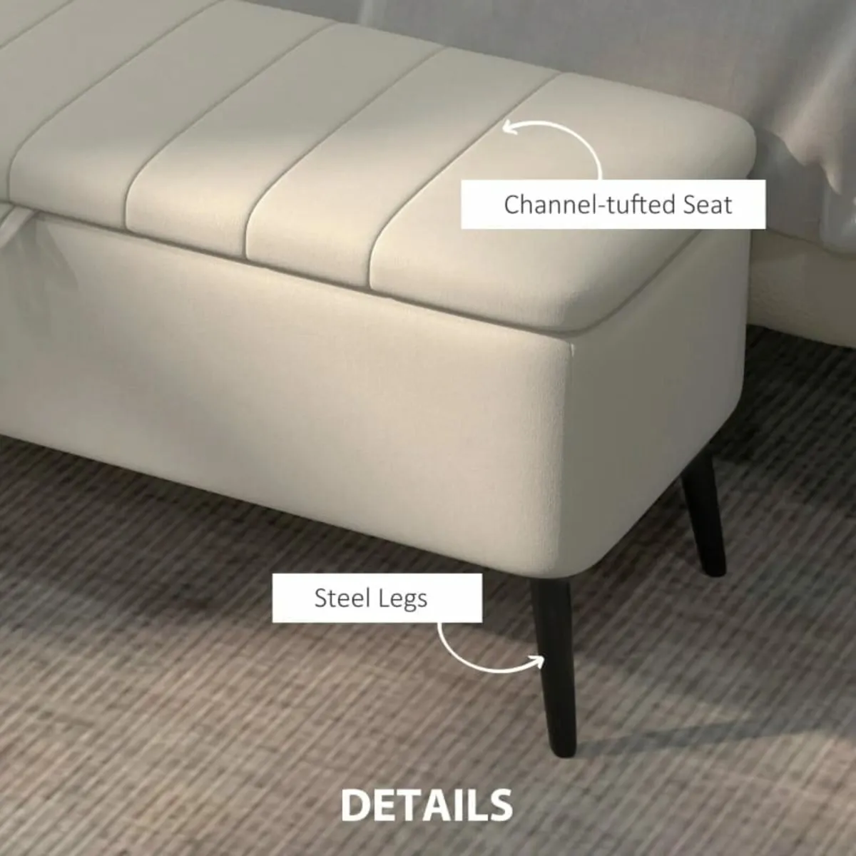 Linen-Look 92 x 31cm Storage Ottoman - Cream White - Image 2