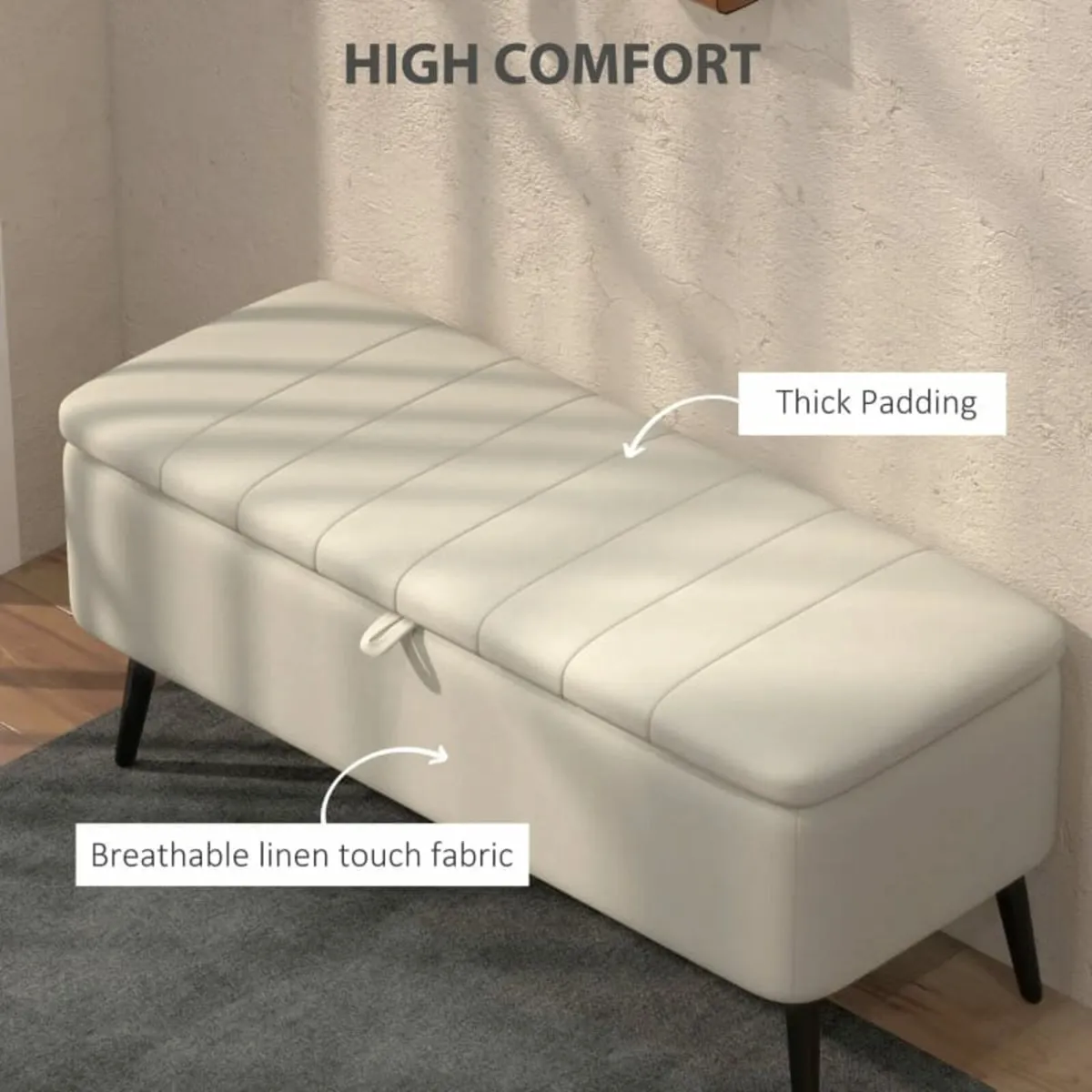 Linen-Look 92 x 31cm Storage Ottoman - Cream White - Image 3