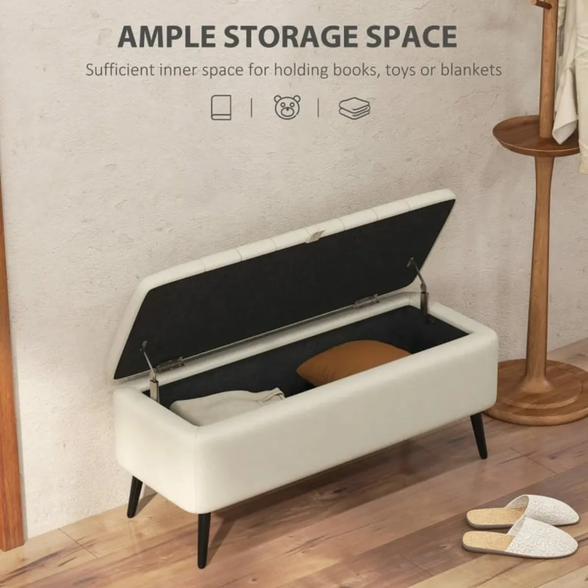 Linen-Look 92 x 31cm Storage Ottoman - Cream White - Image 4
