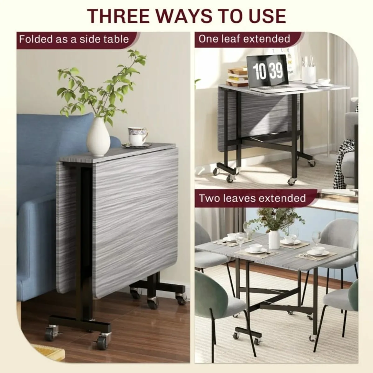 Mobile Drop Leaf Table, Folding Dining Table with - Image 4