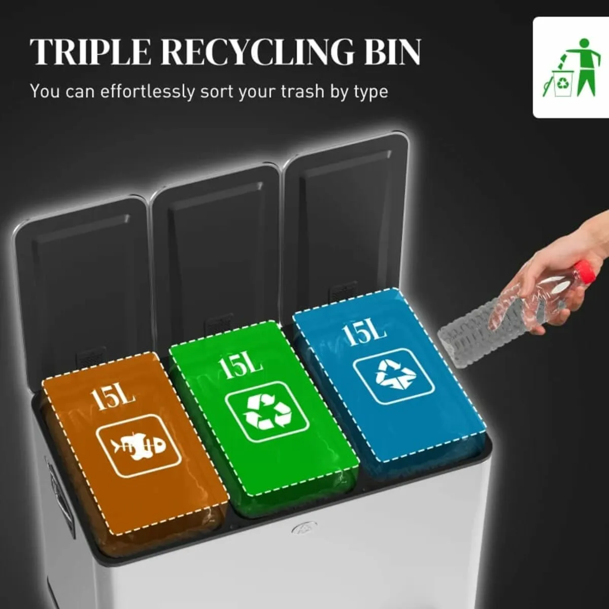 3 x 15L Pedal Bin, Steel Triple Kitchen Bin with S - Image 2