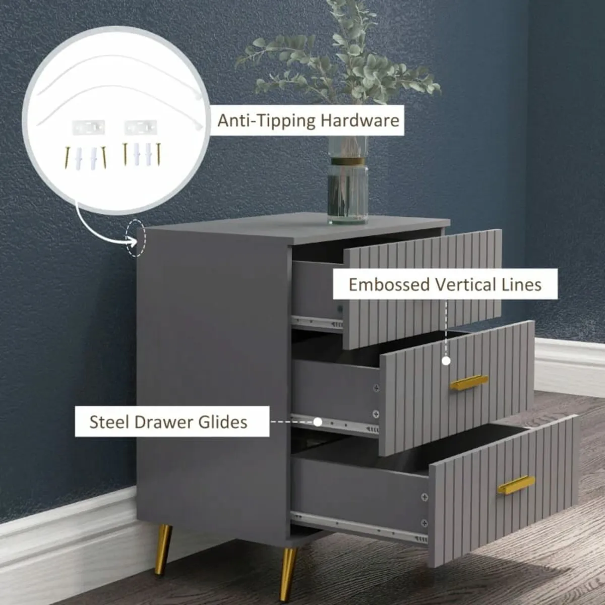 Three Drawer Embossed Line Dresser - Grey/Gold Ton - Image 2