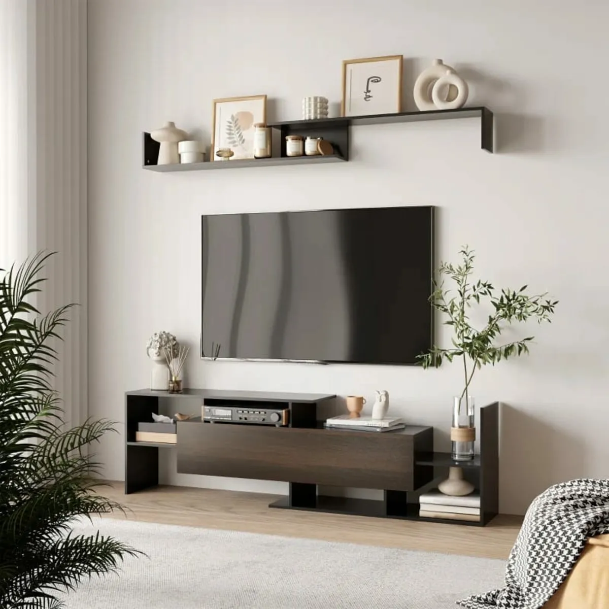Modern TV Cabinet with Wall Shelf, TV Unit with St - Image 3