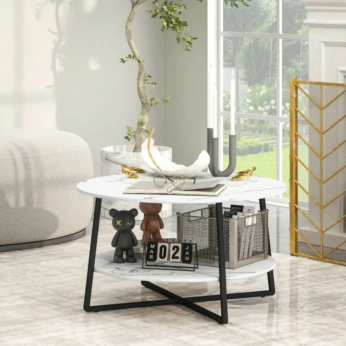 2-Tier Round Coffee Table with Storage Shelf, Livi - Image 3