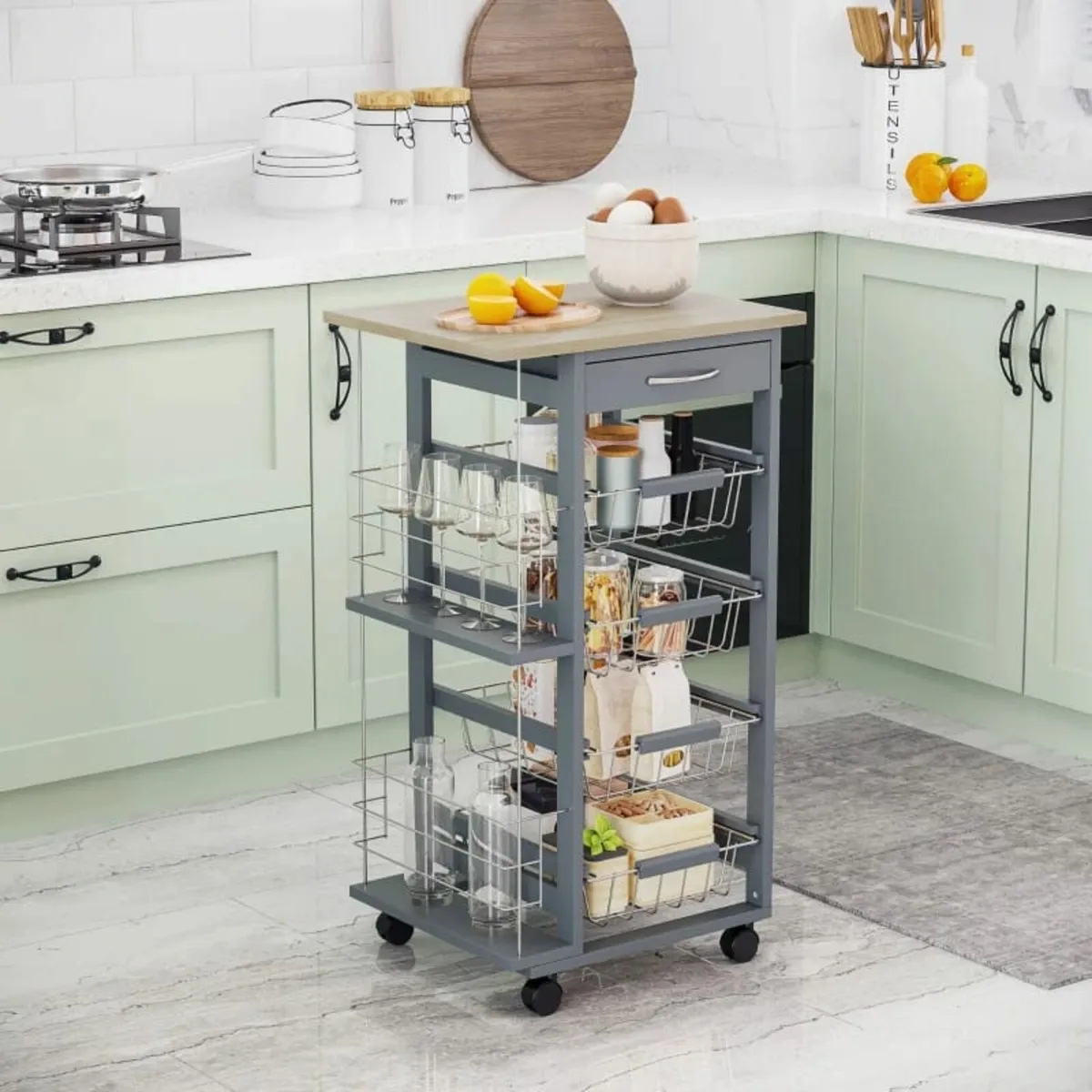 Rolling Kitchen Cart, Utility Storage Cart with 4 - Image 3