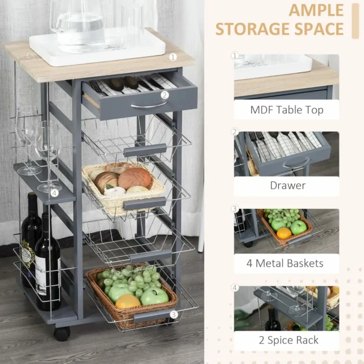 Rolling Kitchen Cart, Utility Storage Cart with 4 - Image 4