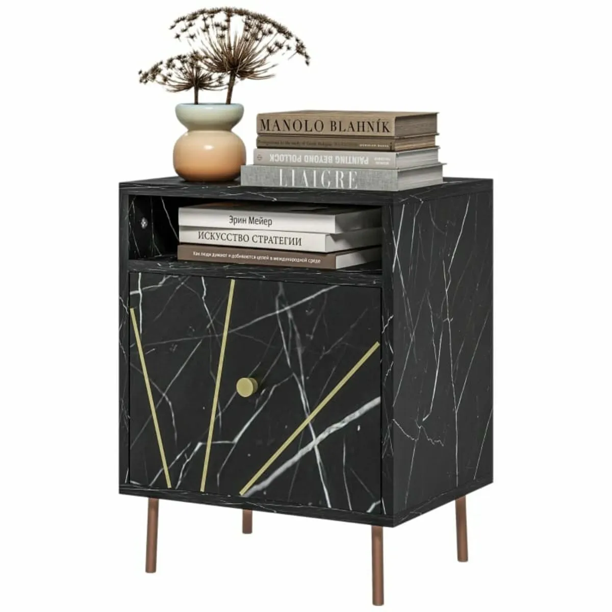 Elegant Bedside with Storage - Black/Gold Tone - Image 1
