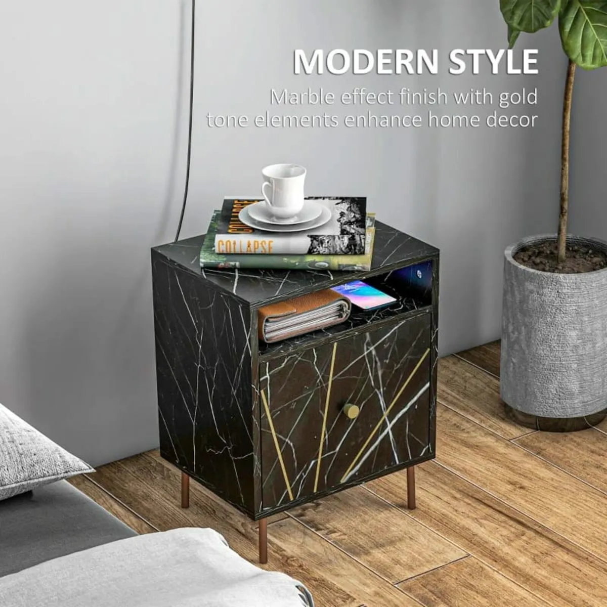 Elegant Bedside with Storage - Black/Gold Tone - Image 3