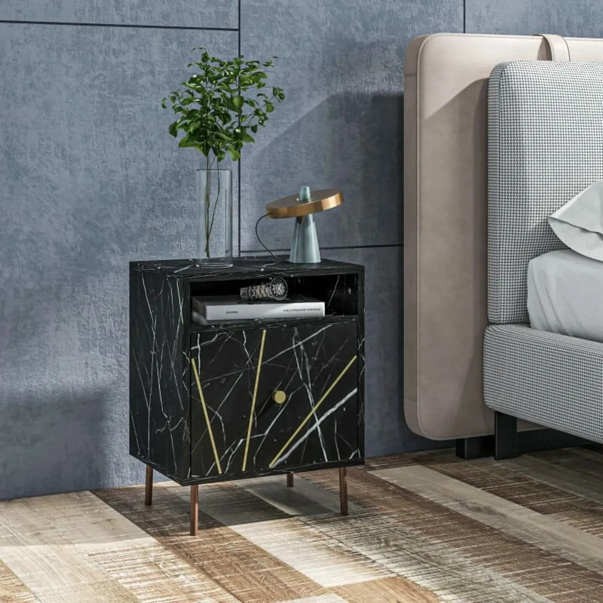 Elegant Bedside with Storage - Black/Gold Tone - Image 4