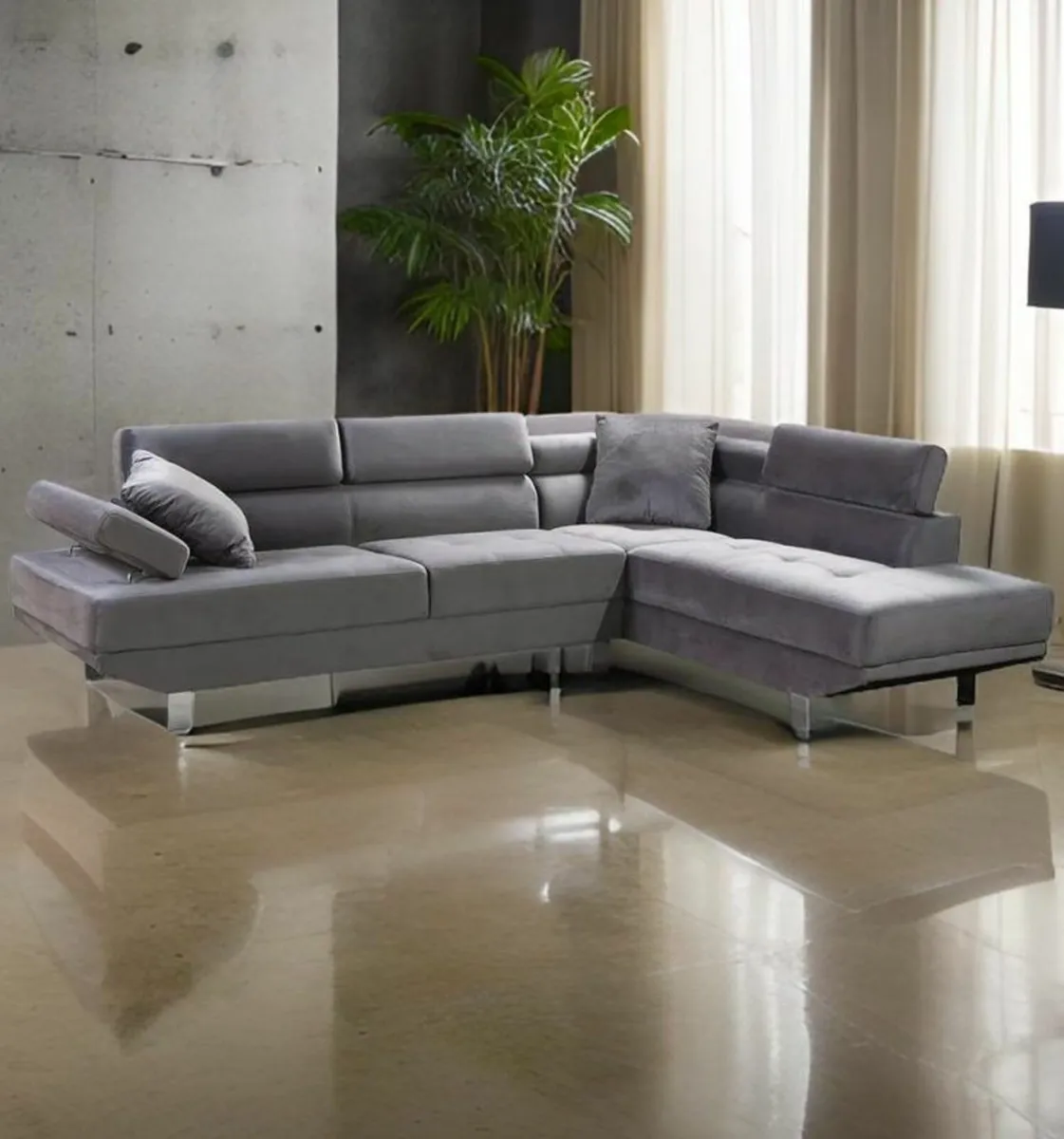 Modern 262cm Corner Chaise Sofa Grey Velvet - Image 1