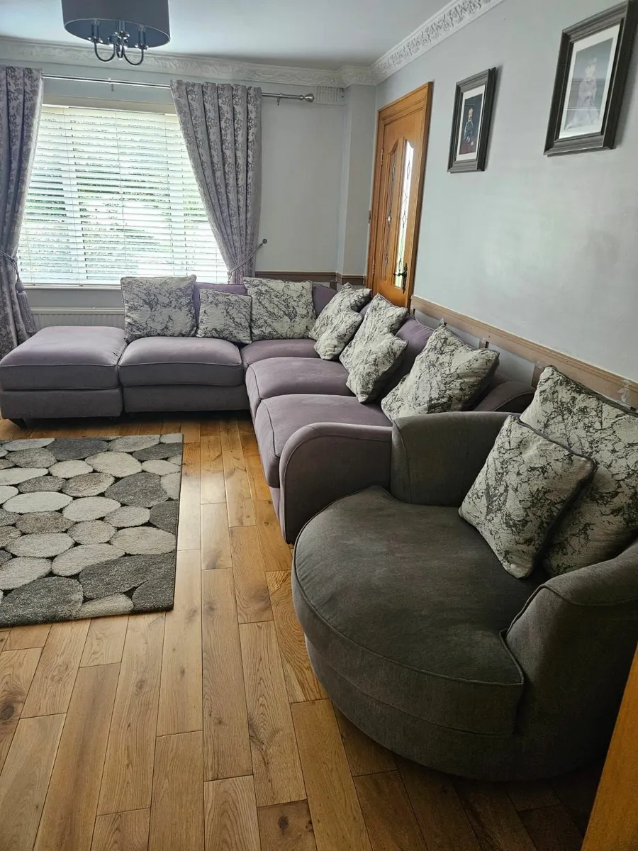Grey L shape sofa  swivel chair  puffet  curtains - Image 1