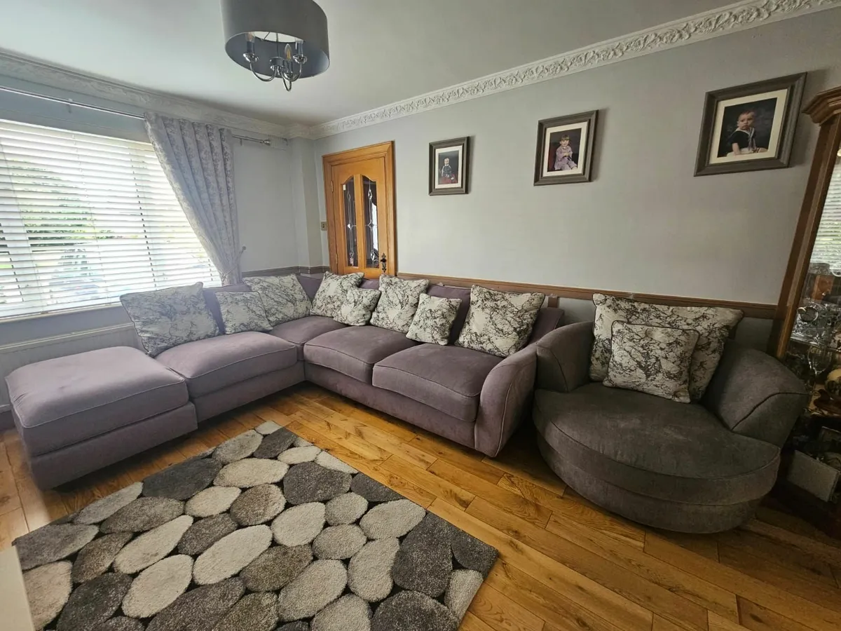 Grey L shape sofa  swivel chair  puffet  curtains - Image 2
