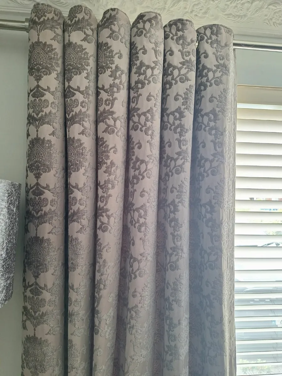 Grey L shape sofa  swivel chair  puffet  curtains - Image 4