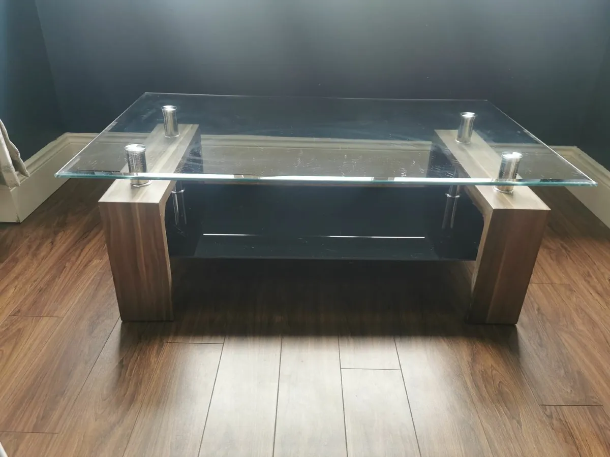 Glass & Walnut Coffee Table For Sale