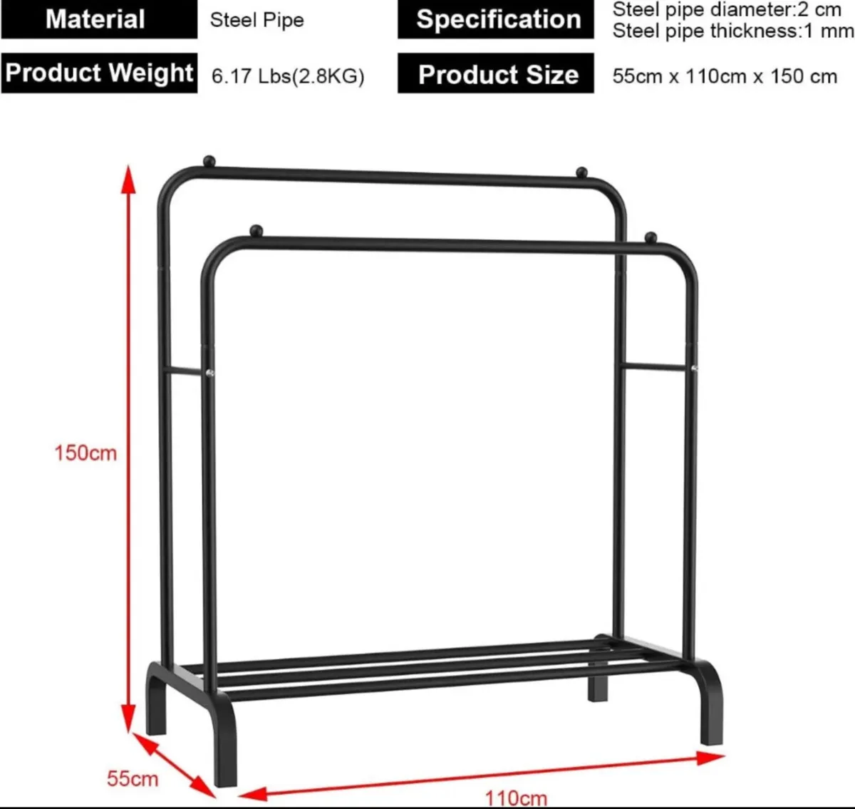 Metal Double Clothes Rail with Shelf NEW - Image 4