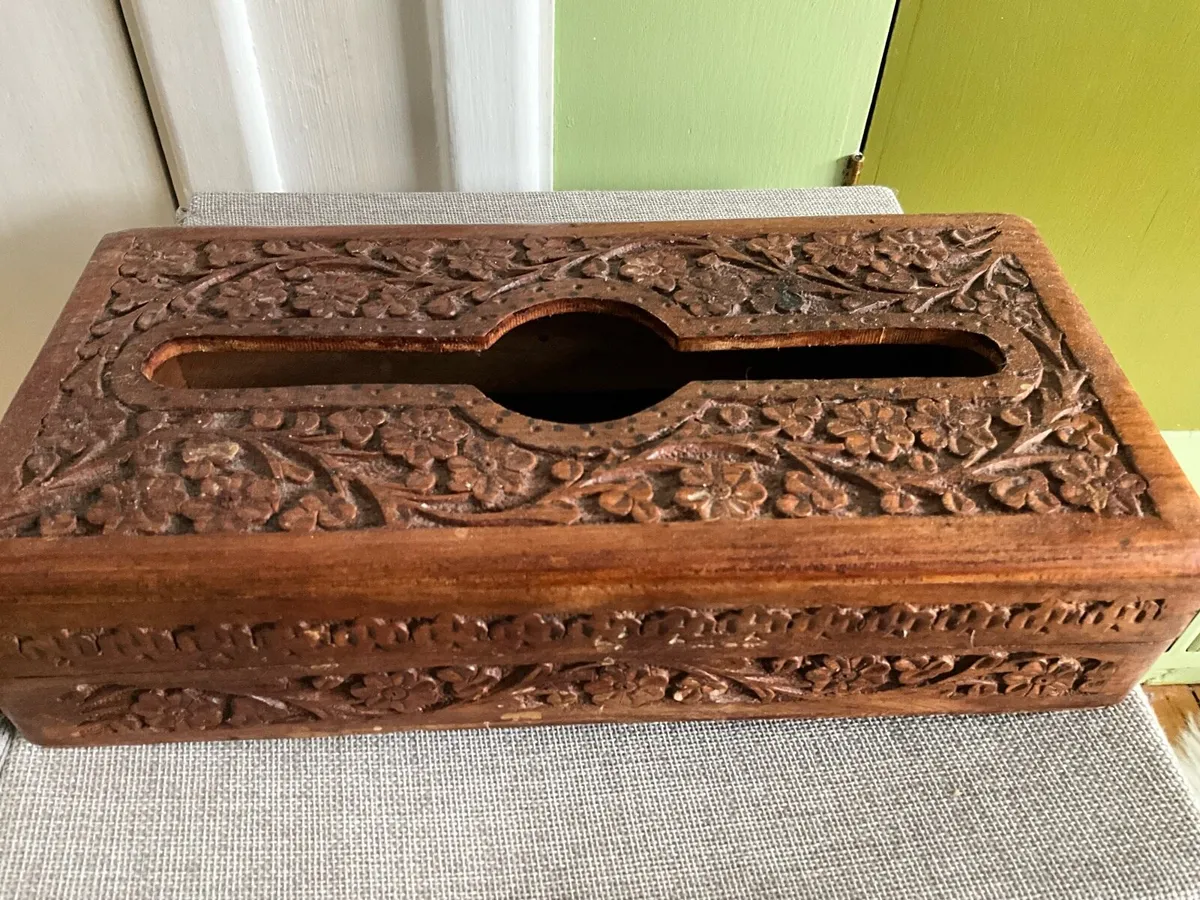 Ornate Carved Wood Tissue Box - Image 1