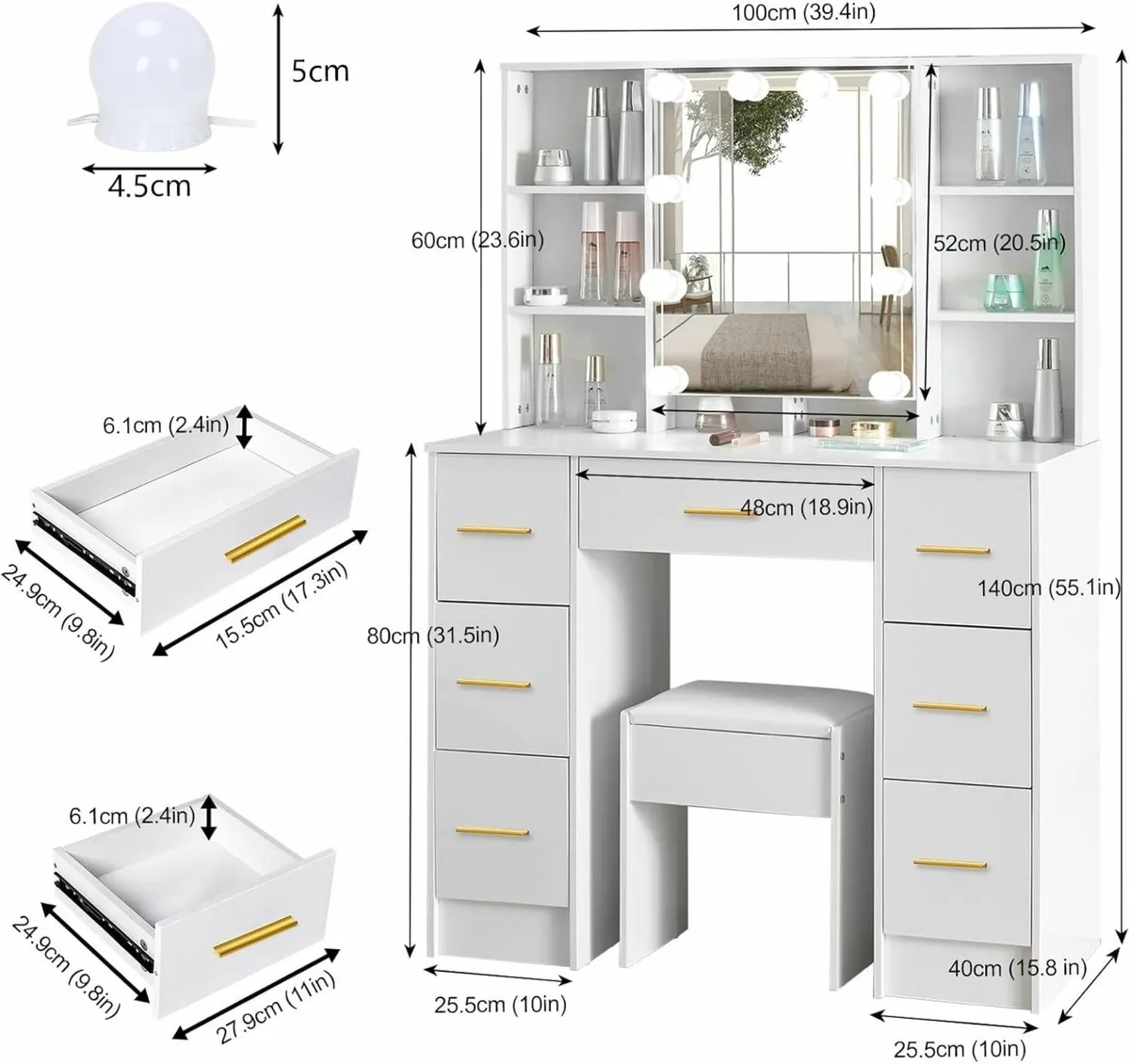 Large Dressing Table LED Lights Drawers White - Image 3