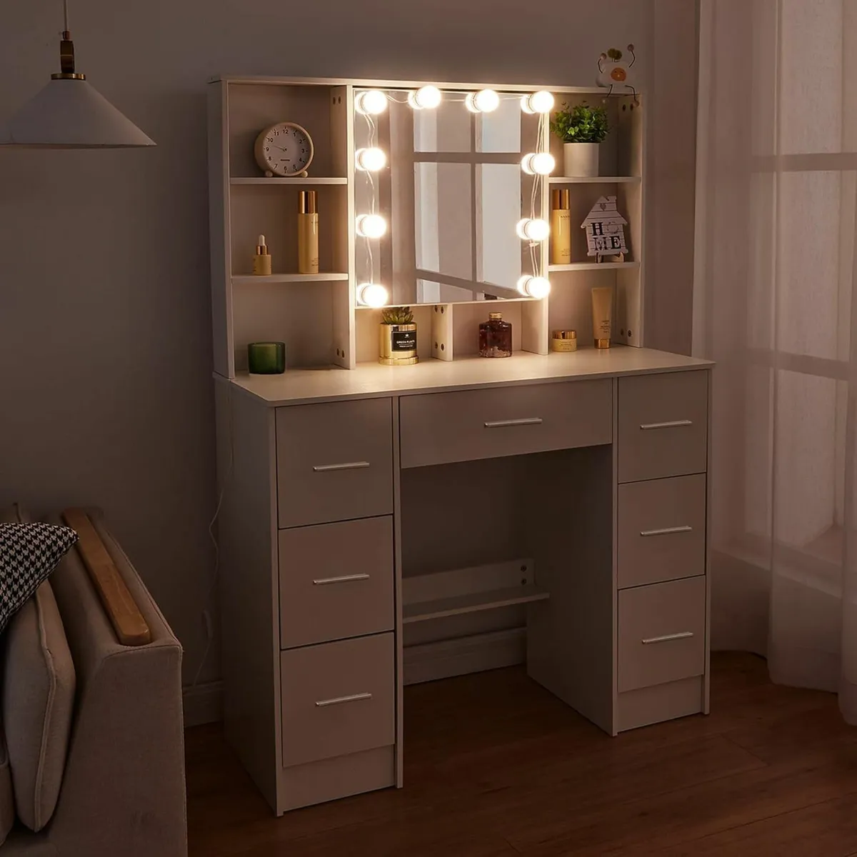 Large Dressing Table LED Lights Drawers White - Image 4