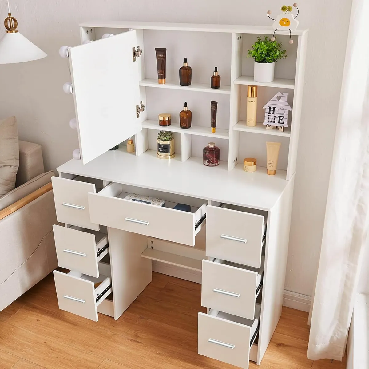 Large Dressing Table LED Lights Drawers White - Image 2